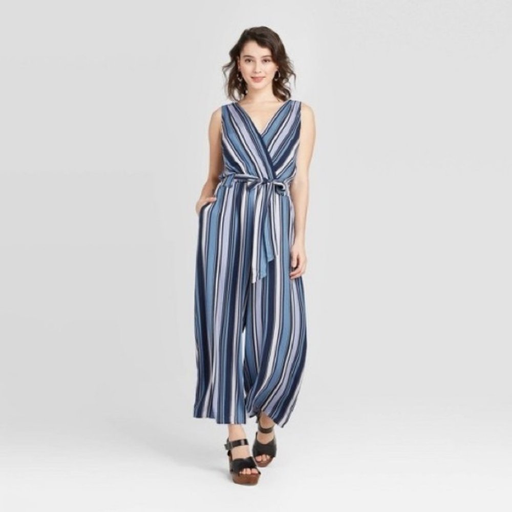 Striped Sleeveless V-Neck Belted Wrap Jumpsuit